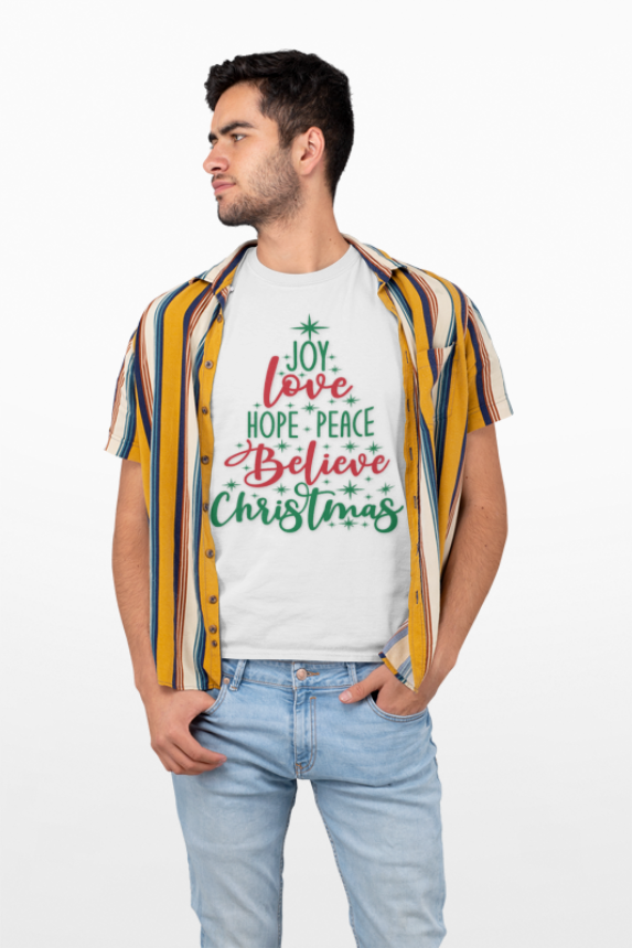 Joy Love Peace Christmas T-Shirt | Holiday Word Tree | Christmas Spirit Design | Festive Typography | Unisex Softstyle Christmas T-shirt
