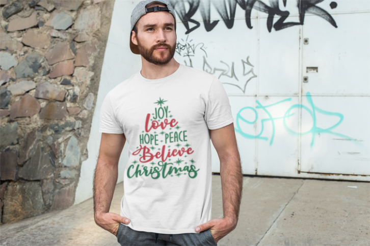 Joy Love Peace Christmas T-Shirt | Holiday Word Tree | Christmas Spirit Design | Festive Typography | Unisex Softstyle Christmas T-shirt
