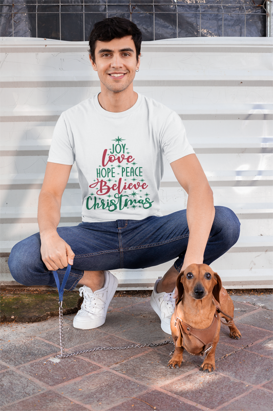 Joy Love Peace Christmas T-Shirt | Holiday Word Tree | Christmas Spirit Design | Festive Typography | Unisex Softstyle Christmas T-shirt