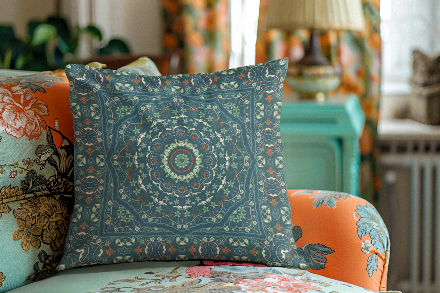 Bohemian Mandala Sierkussen | Teal Groen Decoratief Kussen | Stijl Huisdecoratie | Boho Woonkamer Kussen | Geometrisch Meditatiekussen