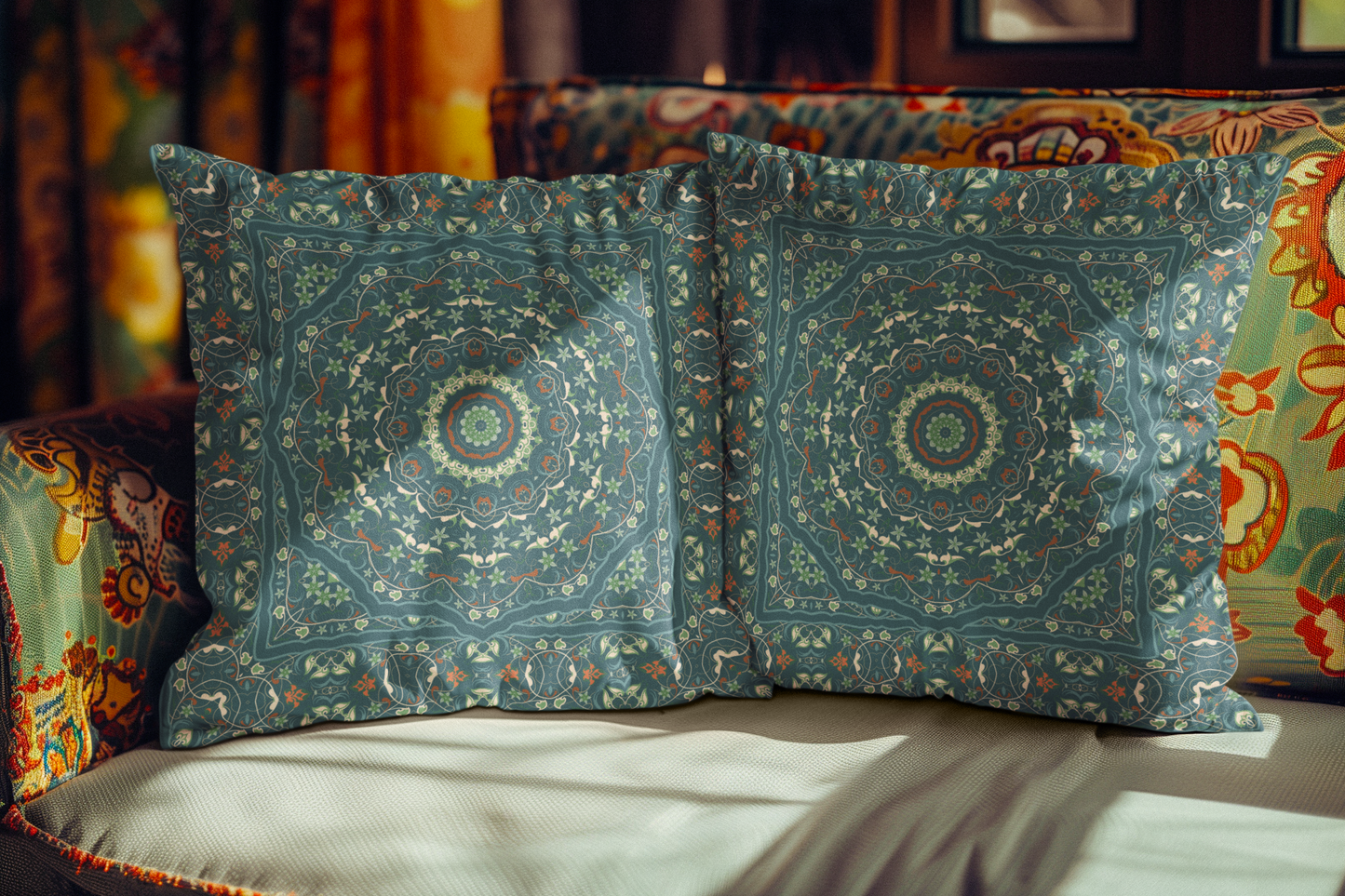 Bohemian Mandala Sierkussen | Teal Groen Decoratief Kussen | Stijl Huisdecoratie | Boho Woonkamer Kussen | Geometrisch Meditatiekussen
