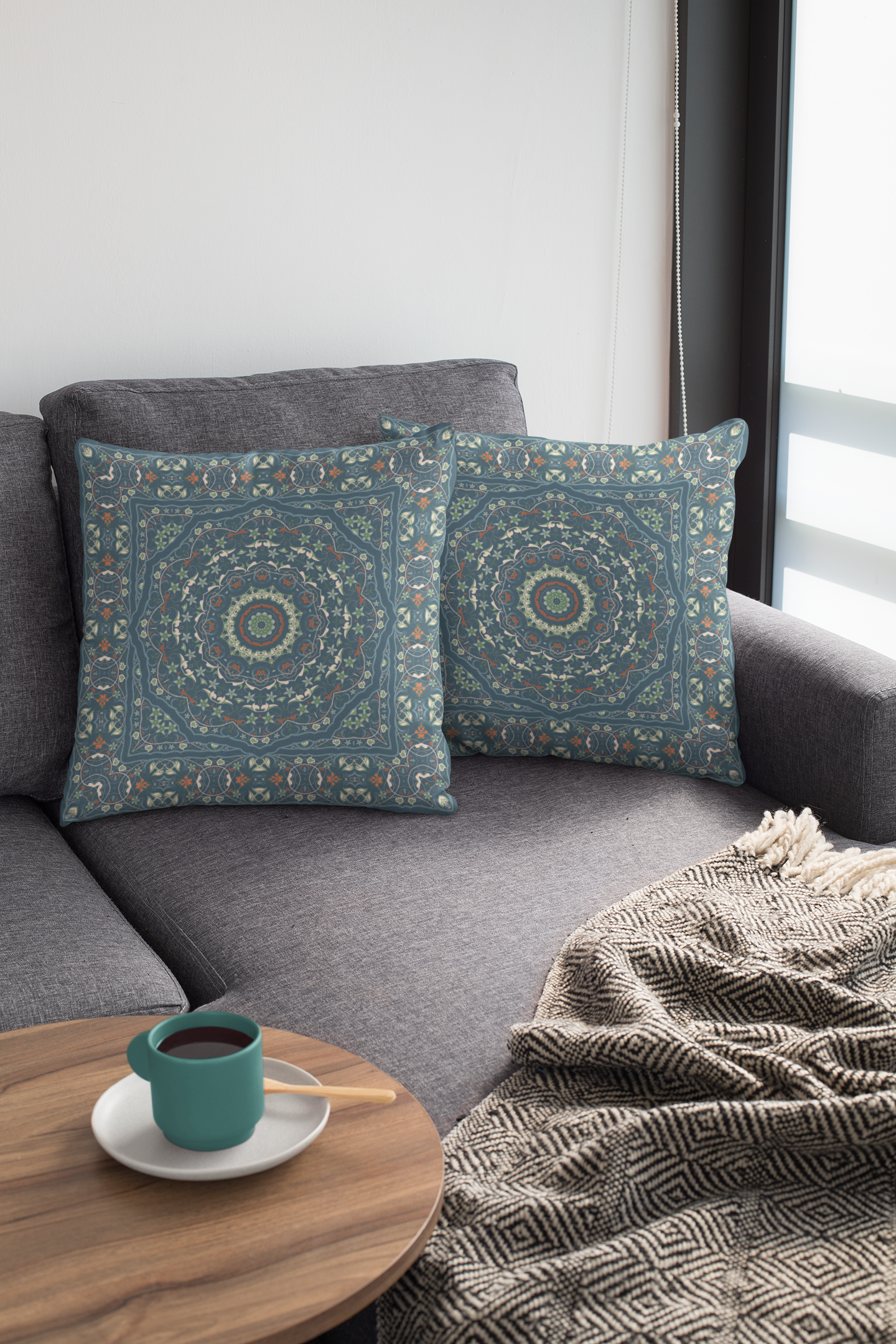 Bohemian Mandala Sierkussen | Teal Groen Decoratief Kussen | Stijl Huisdecoratie | Boho Woonkamer Kussen | Geometrisch Meditatiekussen