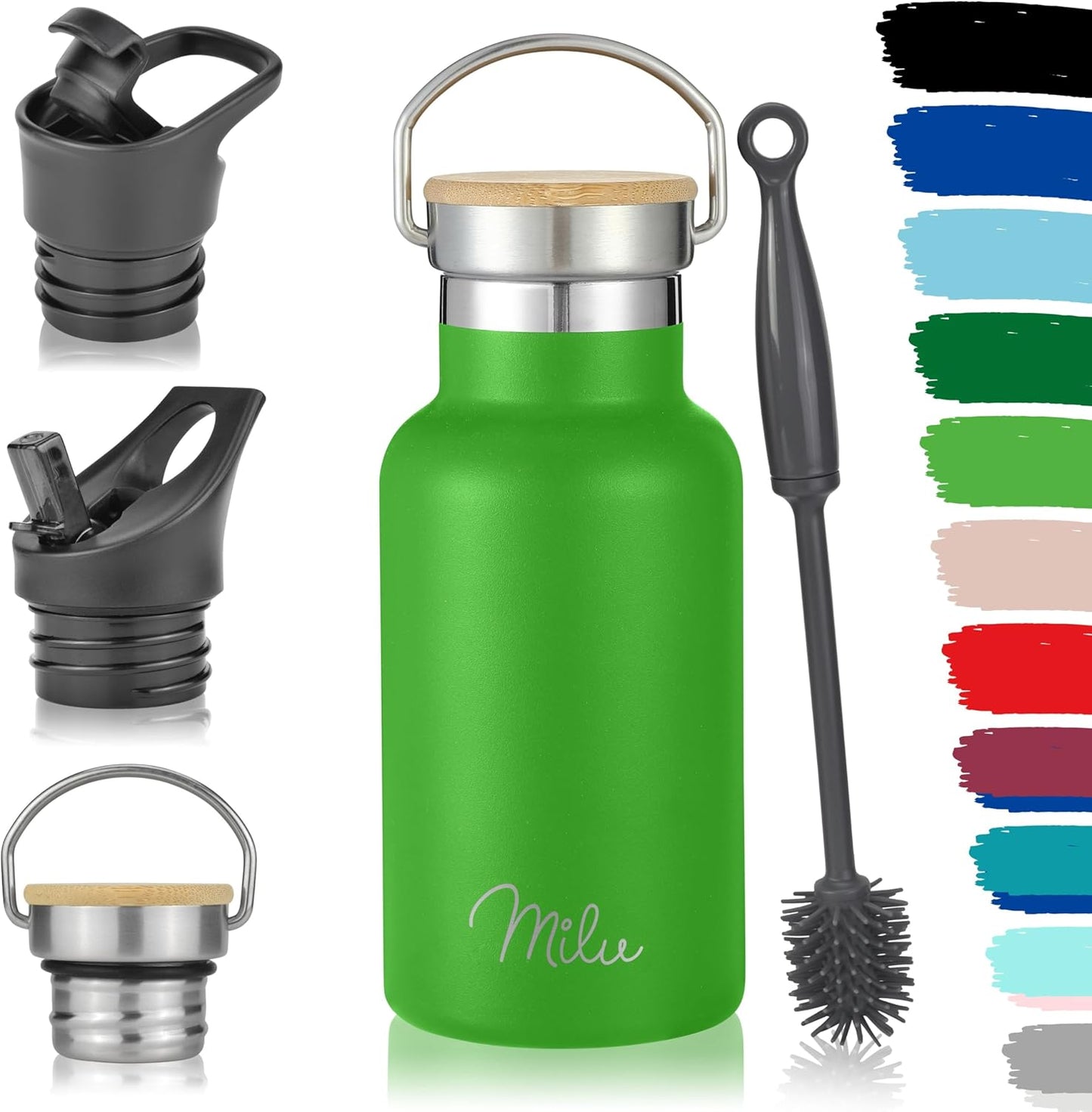 Milu Apple Green Insulated Water Bottle - 350Ml, 500Ml, 750Ml, 1000Ml with 3 Lids, Leak-Proof Thermos with Straw for Kids and Adults, Perfect for On-the-Go!
