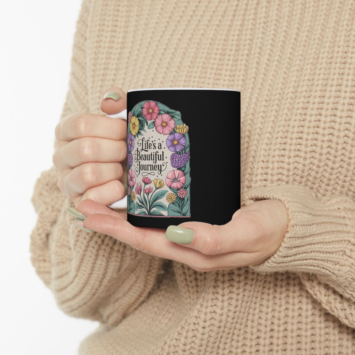 Life's a Beautiful Journey Mug | Floral Inspirational Cup | Vintage Botanical Design | Motivational Coffee Cup | Ceramic Mug, (11oz)