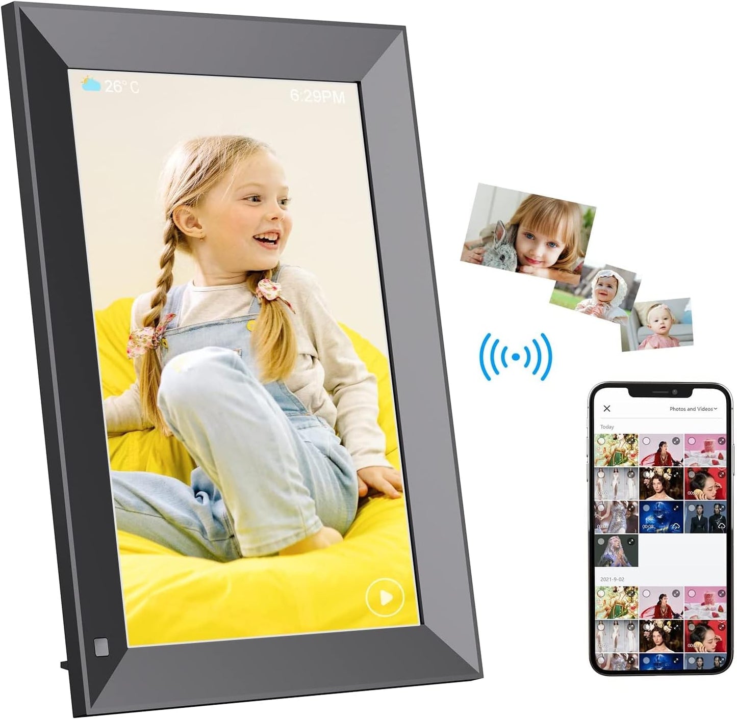 10.1 Zoll WLAN Digitaler Bilderrahmen - Fotos & Videos Sofort Teilen, Automatische Drehung, Bewegungssensor, Energiesparend, Schwarz