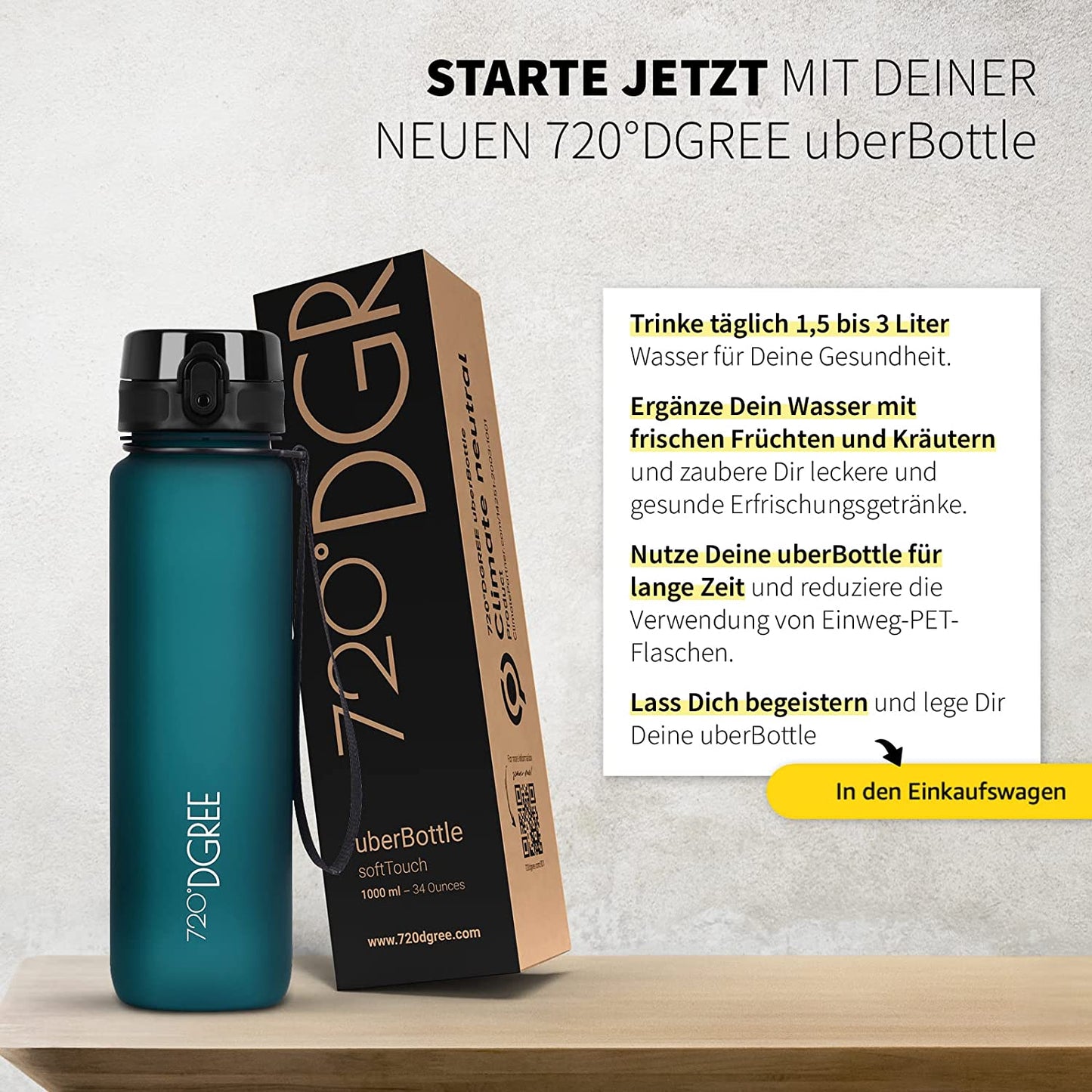 720°DGREE Trinkflasche 1L Sport “Uberbottle“ Softtouch +Sieb - Bpa-Frei - Wasserflasche Für Uni, Arbeit, Fitness, Fahrrad, Outdoor, Job - Sportflasche Aus Tritan - Leicht, Stoßfest, Wiederverwendbar