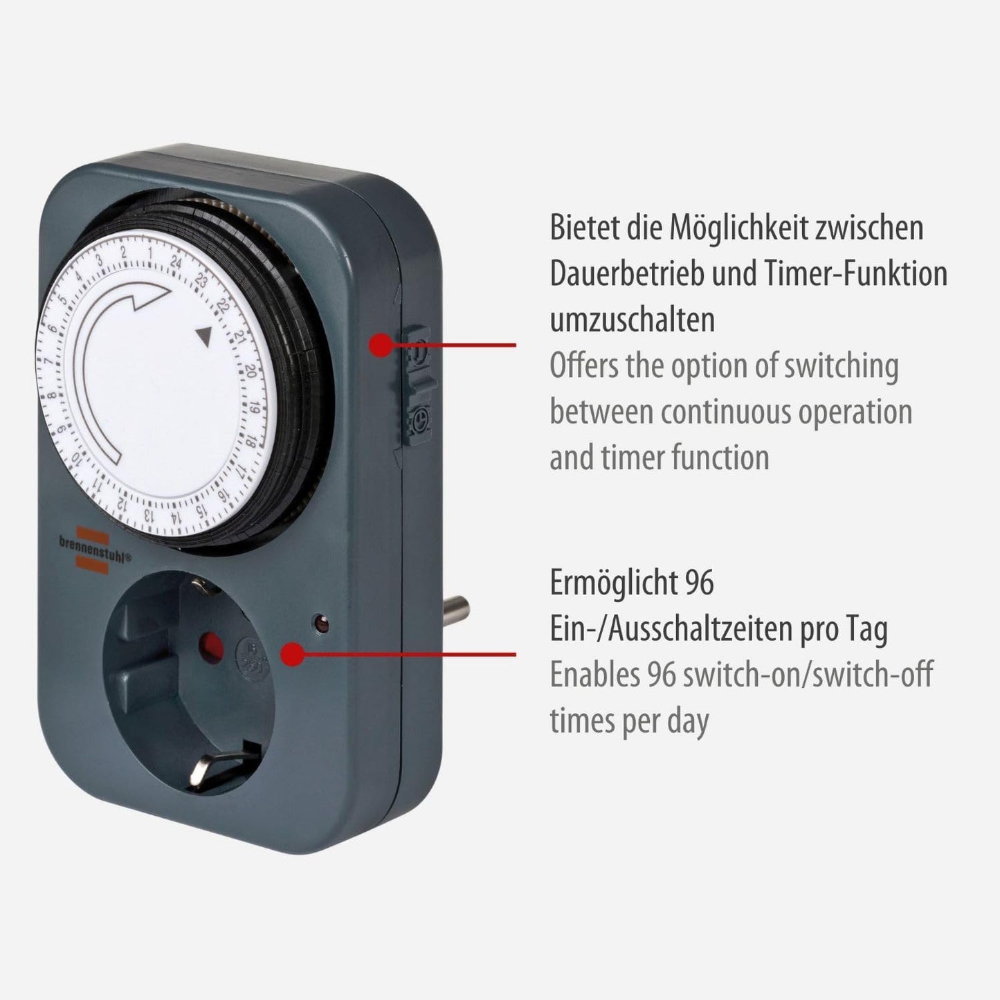 Brennenstuhl Zeitschaltuhr MZ 20, Mechanische Timer-Steckdose (Tages-Zeitschaltuhr Mit Erhöhtem Berührungsschutz) Grau