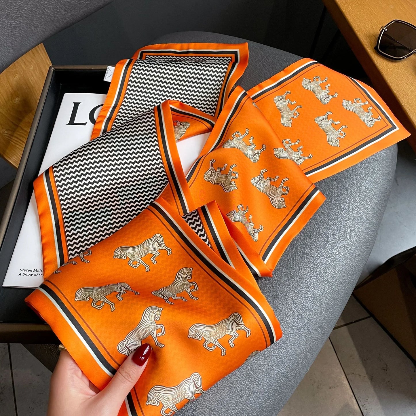2022 Horse Print Women Silk Satin Hair Band Scarf Skinny Neck Tie Ribbon Hand Bag Wirst Towel Headscarf Girl Foulard