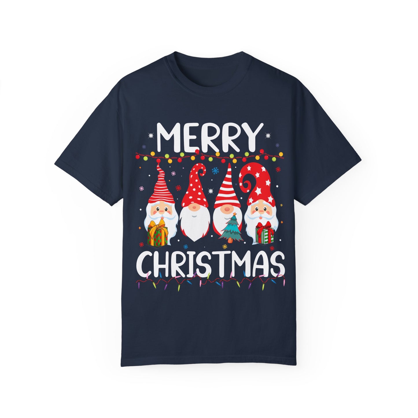 Christmas Gnomes T-Shirt | Festive Nordic Gnomies | Holiday Lights Design | Unisex Garment-Dyed T-shirt | Christmas gift | Merry Christmas