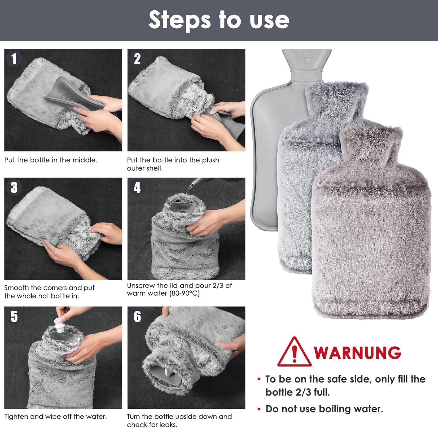 Bolei 2L Auslaufsichere Wärmflasche mit Flauschigem Bezug und Känguru-Tasche – Elegantes Grau aus Naturkautschuk für Maximum Komfort