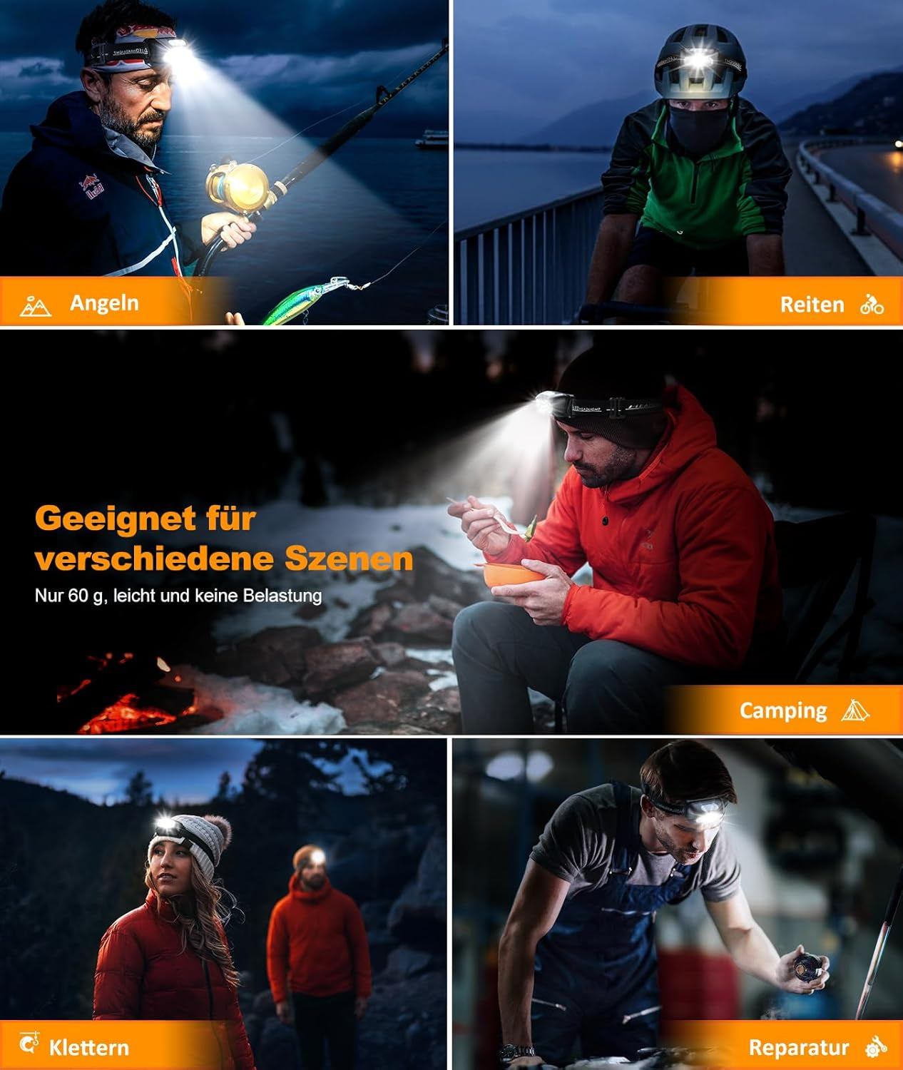 Glangeh Kopflampe LED Wiederaufladbar, Angelbeleuchtung Mit Bewegungssensor & 4 Lichtmodi, IPX6 Wasserdicht, 1200 Mah Akku Kopflampe Beleuchtung Für Joggen Laufen Campen Angeln Wandern Handwerker