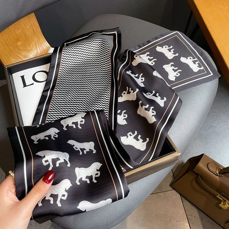 2022 Horse Print Women Silk Satin Hair Band Scarf Skinny Neck Tie Ribbon Hand Bag Wirst Towel Headscarf Girl Foulard