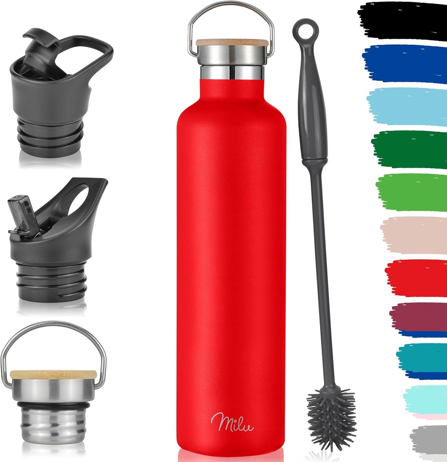 Milu Edelstahl Trinkflasche 350Ml 500Ml 750Ml 1000Ml (+3 Deckel) - Thermosflasche Mit Strohhalm, Isolierte Wasserflasche, Auslaufsichere Isolierflasche Doppelwandig, Kohlensäure Geeignet (Rot, 1000Ml)