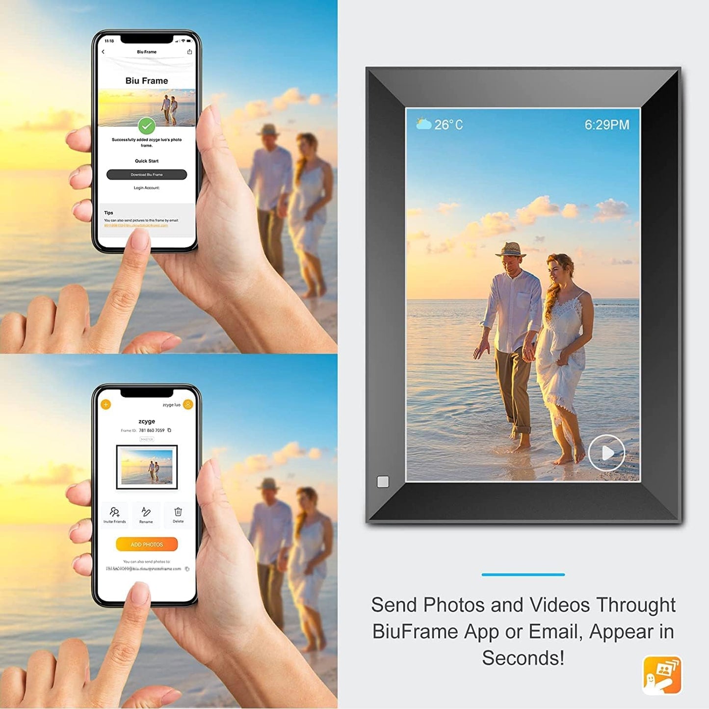 10.1 Zoll WLAN Digitaler Bilderrahmen - Fotos & Videos Sofort Teilen, Automatische Drehung, Bewegungssensor, Energiesparend, Schwarz