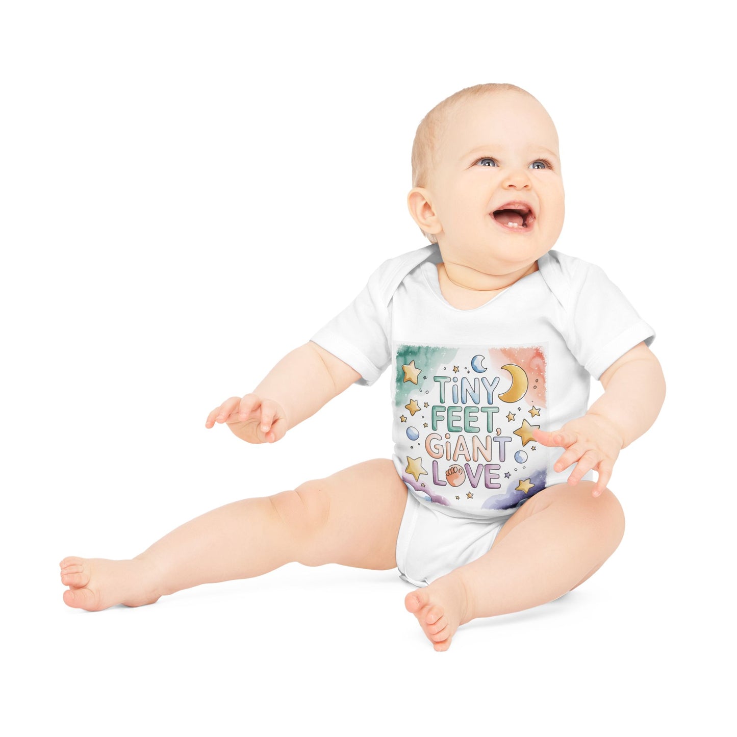 Tiny Feet Giant Love Baby Bodysuit | Newborn Stars Moon Design | Baby Shower Gift | Watercolor Nursery Art | Gender Neutral