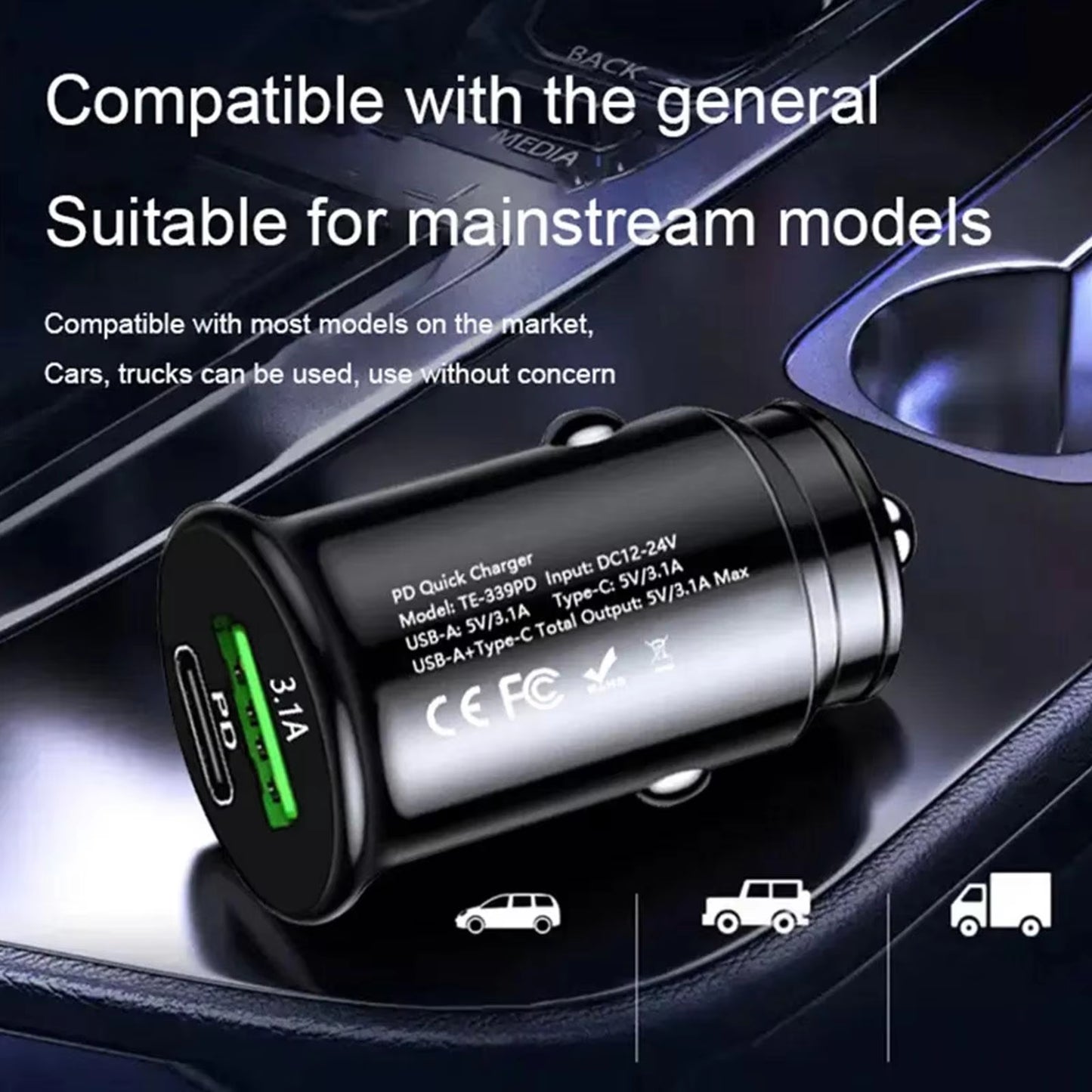 Mini Car Charger USB+PD Fast Charging Flash Charging Car Cigarette Lighter One to Two Single Line Fast Charging Head