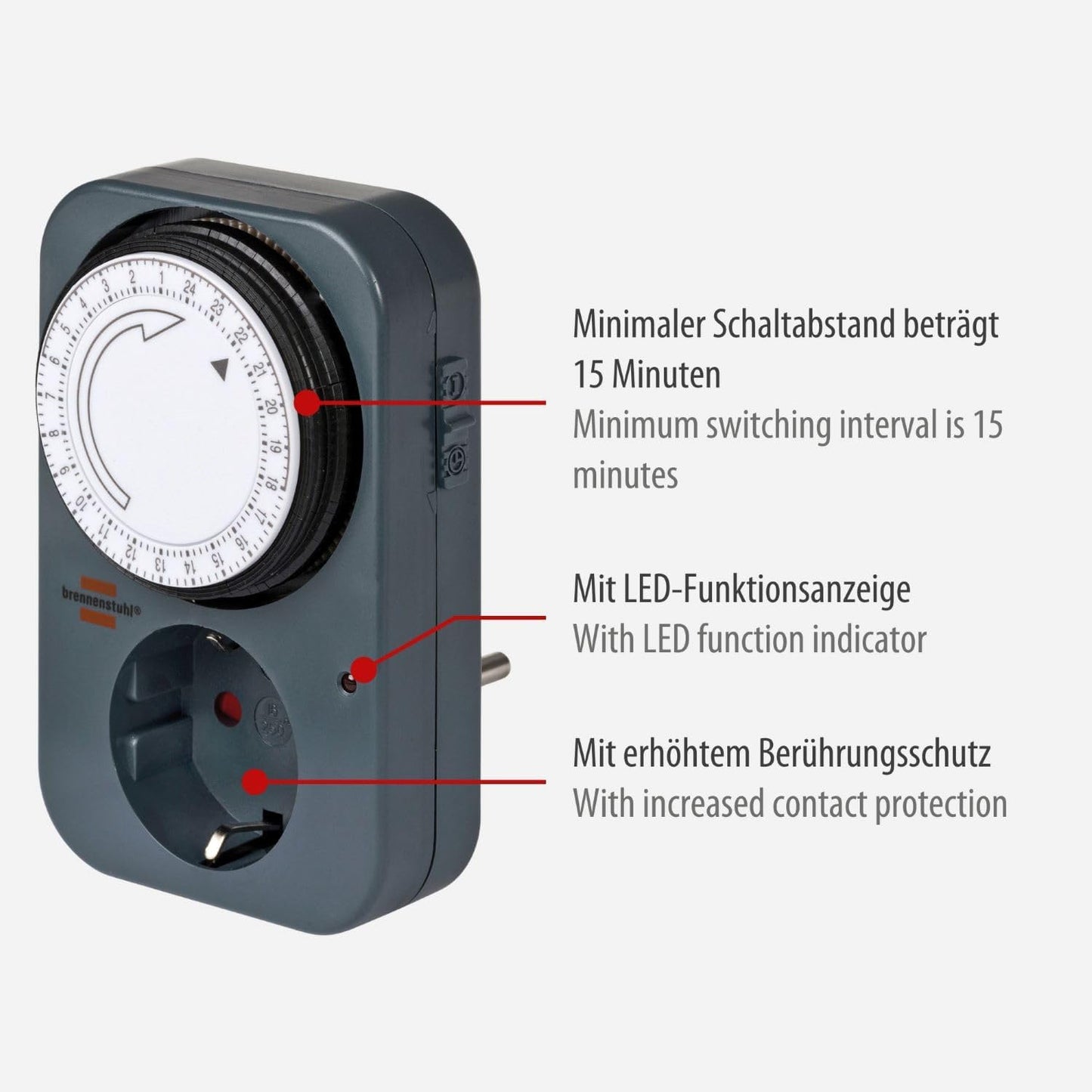 Brennenstuhl Zeitschaltuhr MZ 20, Mechanische Timer-Steckdose (Tages-Zeitschaltuhr Mit Erhöhtem Berührungsschutz) Grau
