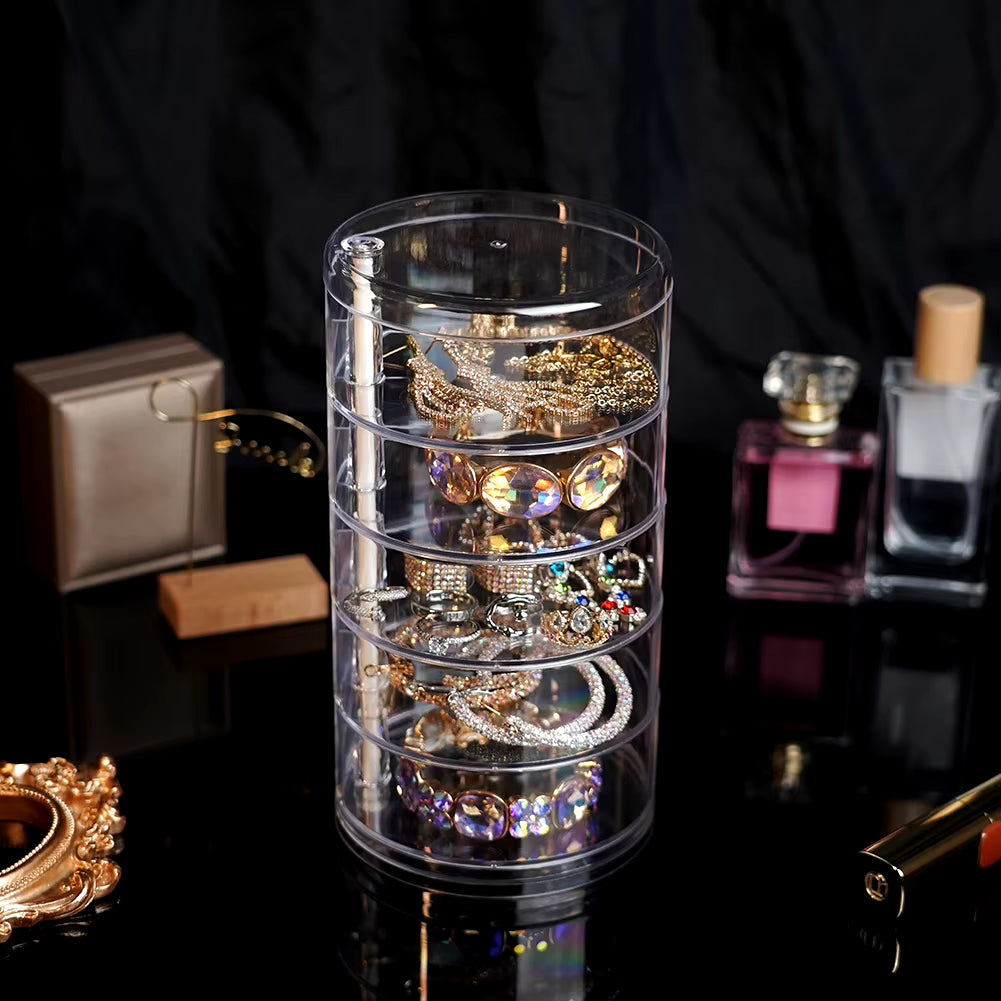 Rotating Jewelry and Makeup Storage Organizer with Cover - Round Plastic Display Rack for Bracelets and Earrings