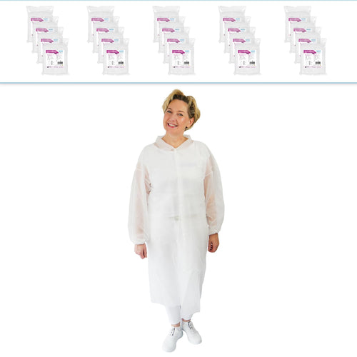 100X Einweg Schutzkittel XL - ARNOMED Weißer Vlieskittel mit Druckknöpfen, Lebensmitteltauglich, Ideal für Besuch und Hygiene