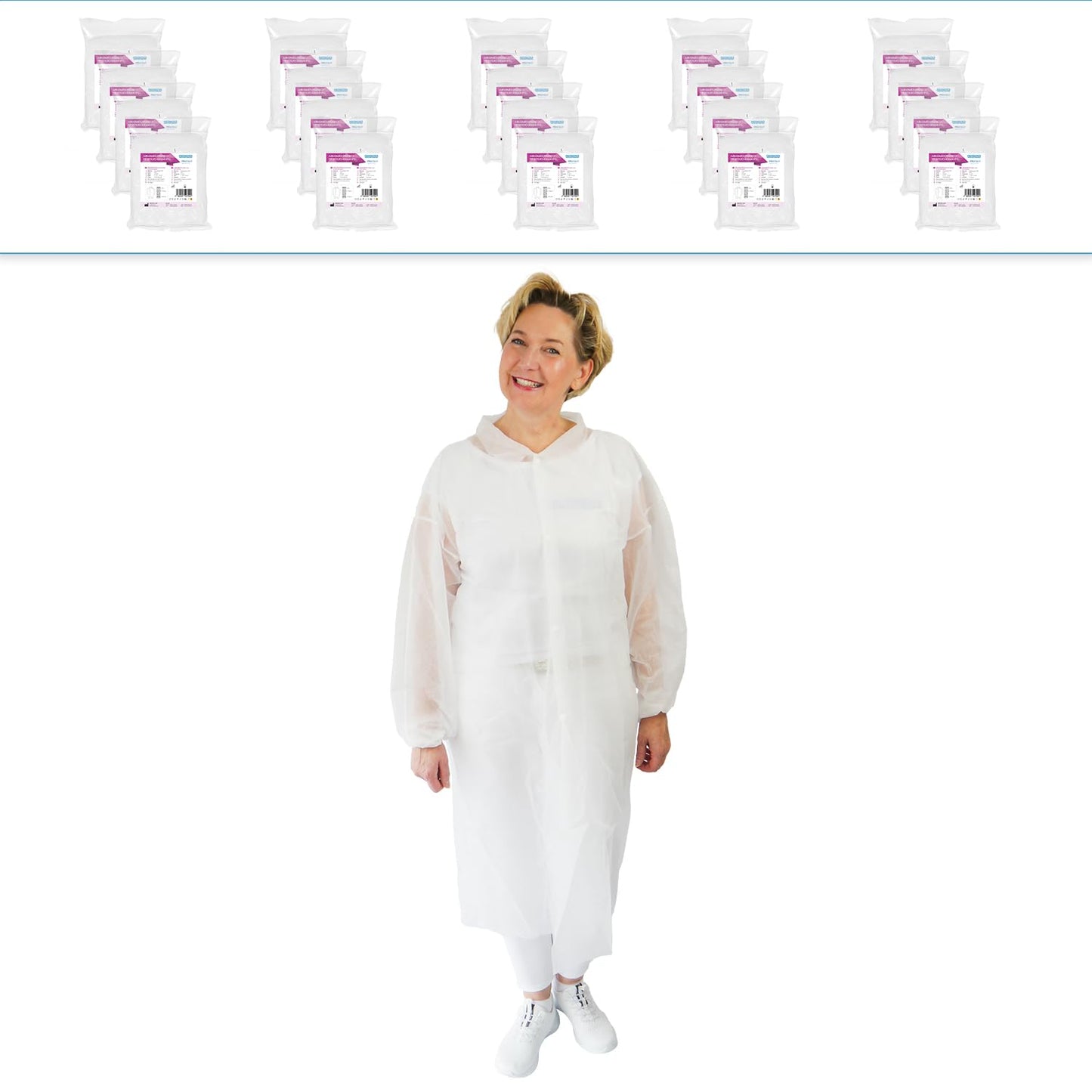100X Einweg Schutzkittel Weiß L - 138X110Cm, Lebensmitteltauglich mit 4 Druckknöpfen, Vlieskittel für optimale Hygiene & Sicherheit - ideal als Besuchermantel
