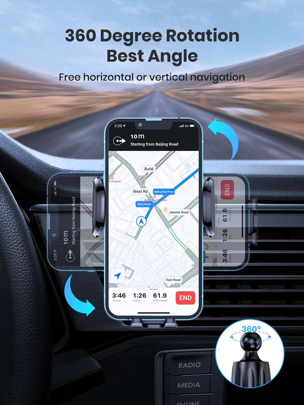 TOPK D36-G Car Phone Holder with Hook Clip Air Vent Car Mount 360° Rotation Mobile Phone Mount for Cellphone