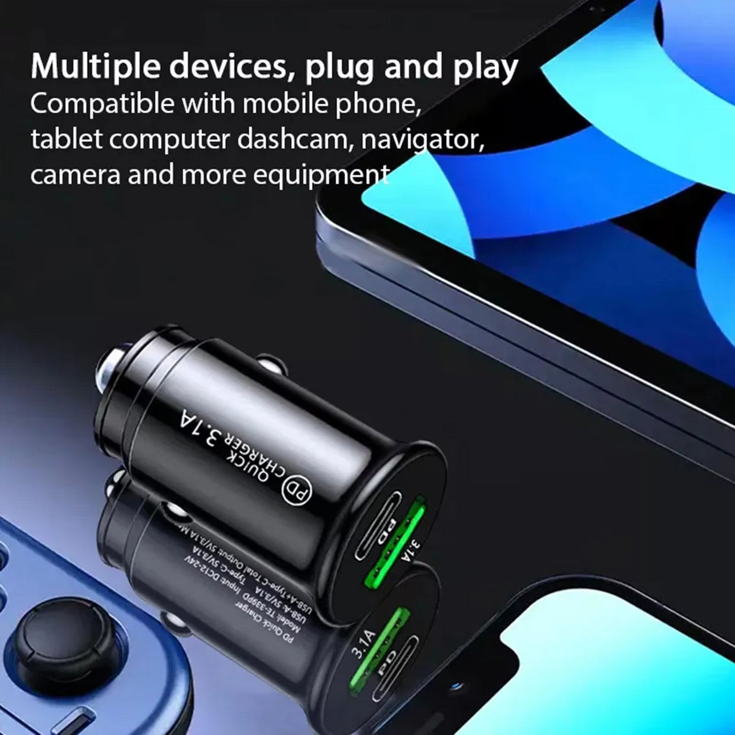 Mini Car Charger USB+PD Fast Charging Flash Charging Car Cigarette Lighter One to Two Single Line Fast Charging Head