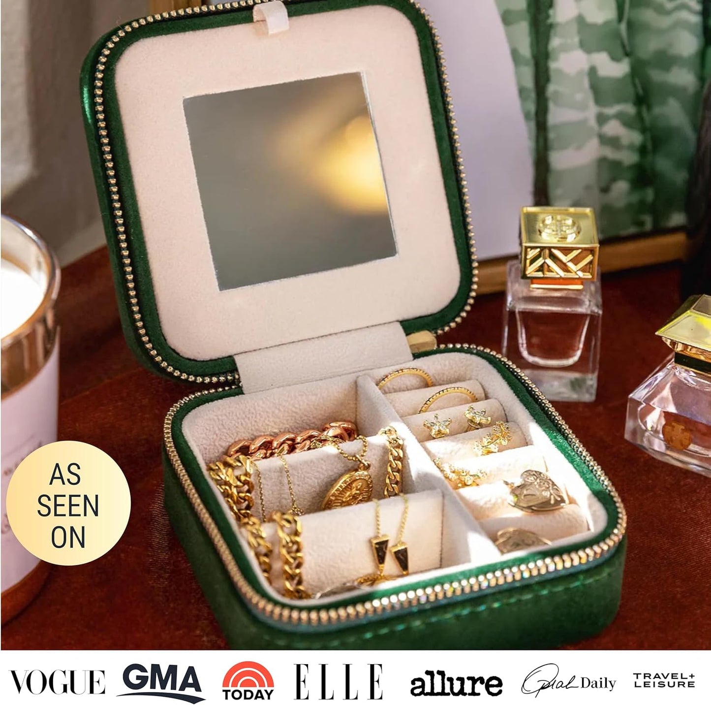 Plush Velvet Jewelry Box | Travel Jewelry Case Organizer with Mirror | Featured in Oprah'S Favorite Things | Best Gifts for Daughter, Girlfriend, Mom | Gifts for Her - Emerald