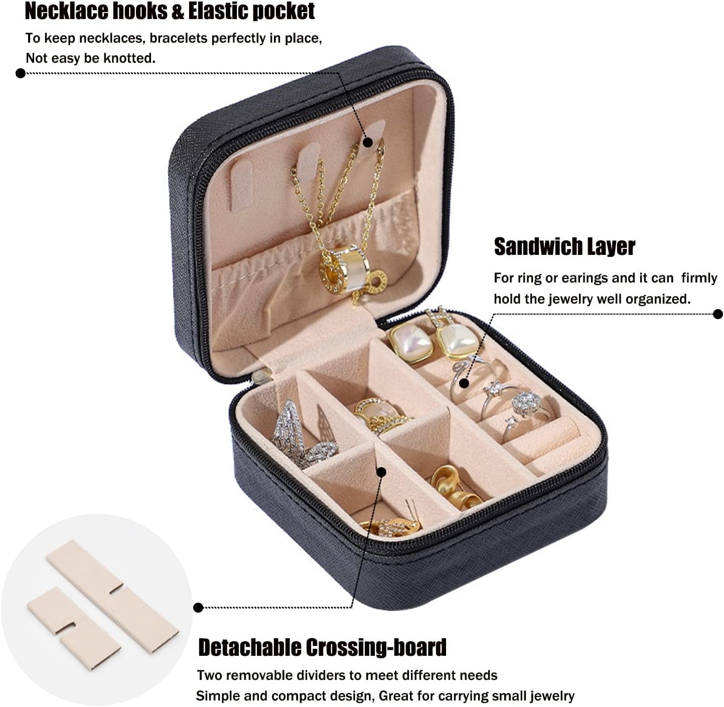 Mini Jewelry Travel Case, PU Leather Travel Jewelry Organizer Box, Small Portable Portable Jewellery Storage Holder for Womens Rings Earrings Necklaces Bracelets (Black)