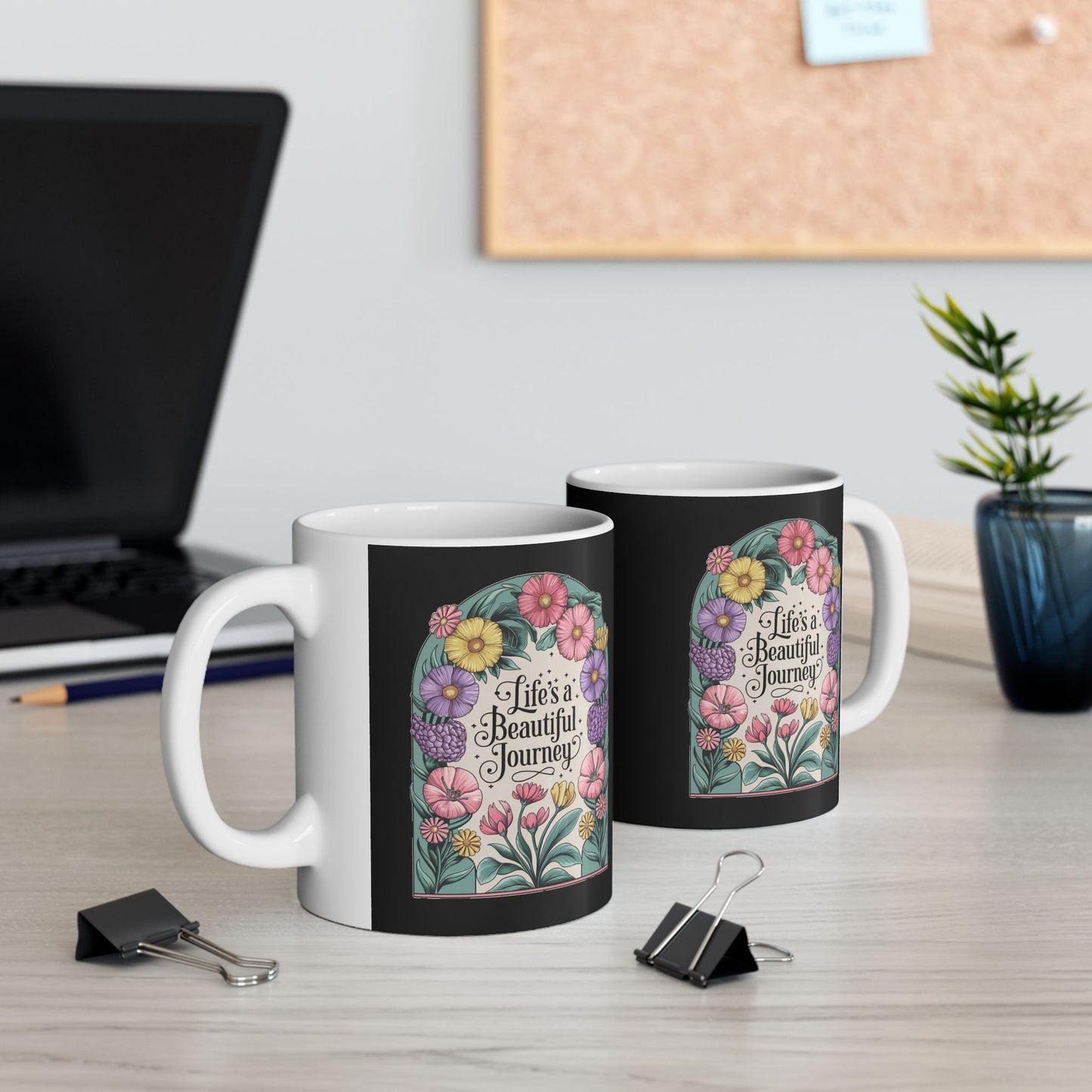 Life's a Beautiful Journey Mug | Floral Inspirational Cup | Vintage Botanical Design | Motivational Coffee Cup | Ceramic Mug, (11oz)