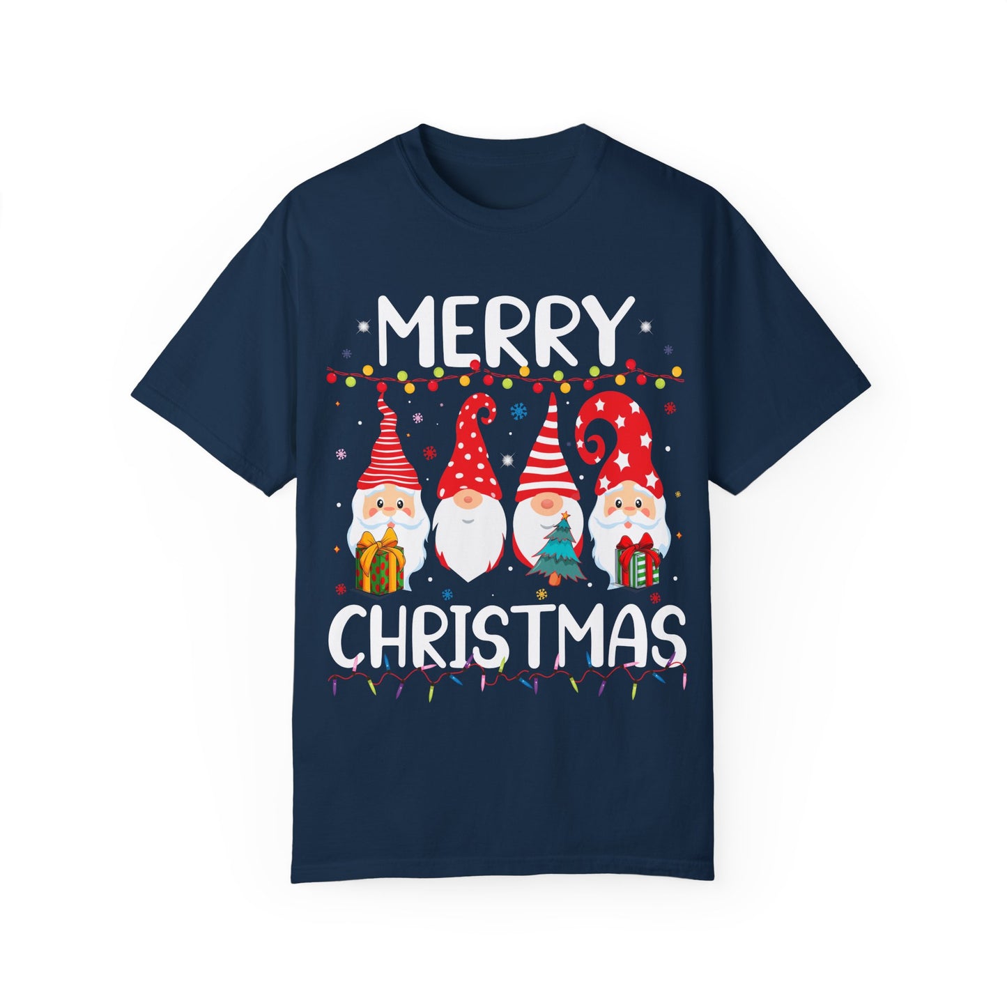 Christmas Gnomes T-Shirt | Festive Nordic Gnomies | Holiday Lights Design | Unisex Garment-Dyed T-shirt | Christmas gift | Merry Christmas