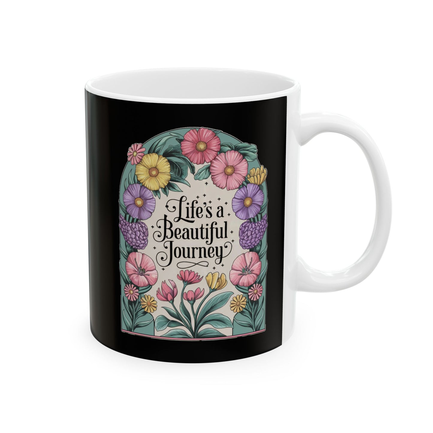 Life's a Beautiful Journey Mug | Floral Inspirational Cup | Vintage Botanical Design | Motivational Coffee Cup | Ceramic Mug, (11oz)
