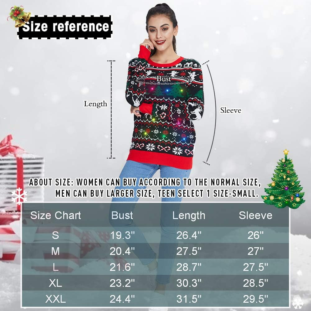 Freshhoodies Unisex Strickpullover Weihnachtspullover Mit LED Leuchten Neuheit Ugly Weihnachtspulli Sweater Pullover Für Damen Herren Weihnachtsparty S-2XL