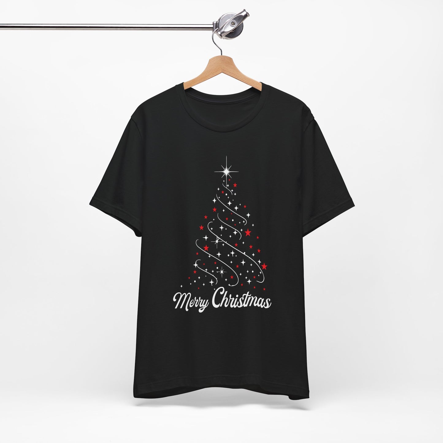 Elegant Christmas Tree T-Shirt | Star Sparkle Holiday Design | Red White Festive Tee | Modern Christmas Fashion | Unisex T-shirt