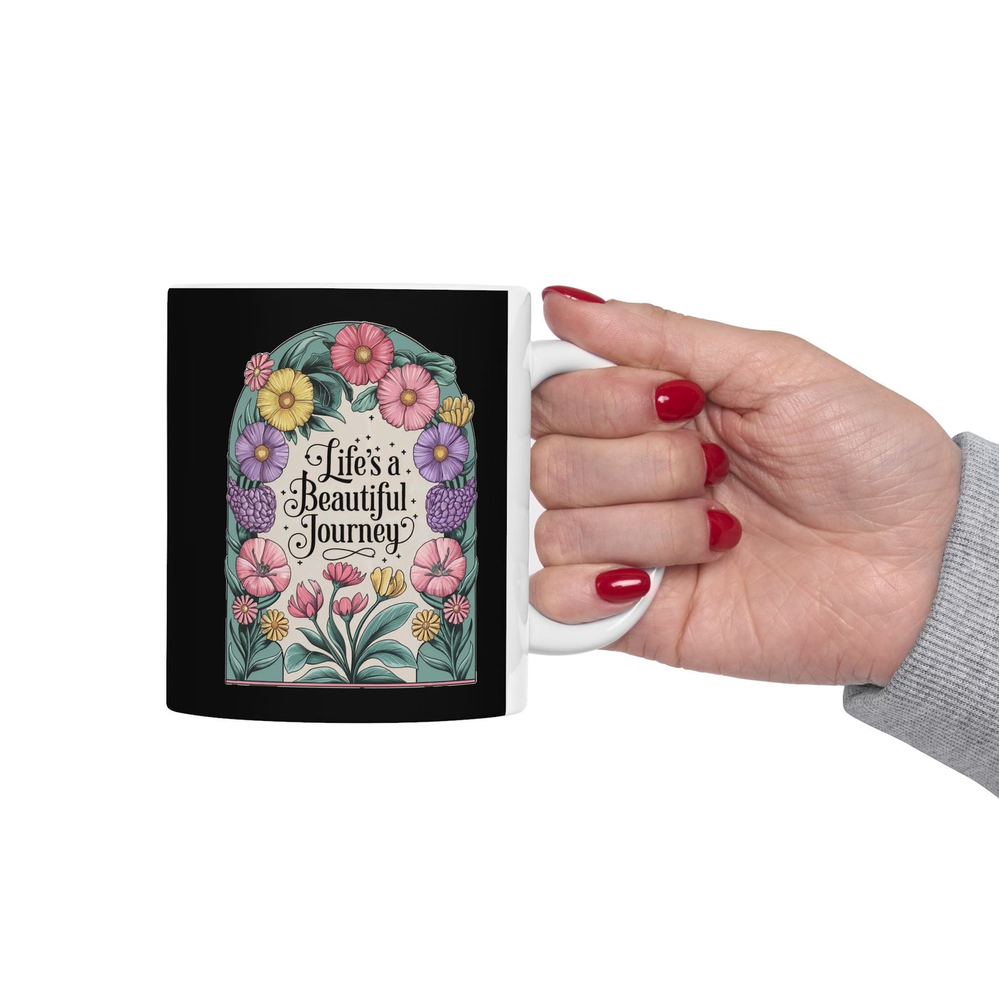 Life's a Beautiful Journey Mug | Floral Inspirational Cup | Vintage Botanical Design | Motivational Coffee Cup | Ceramic Mug, (11oz)