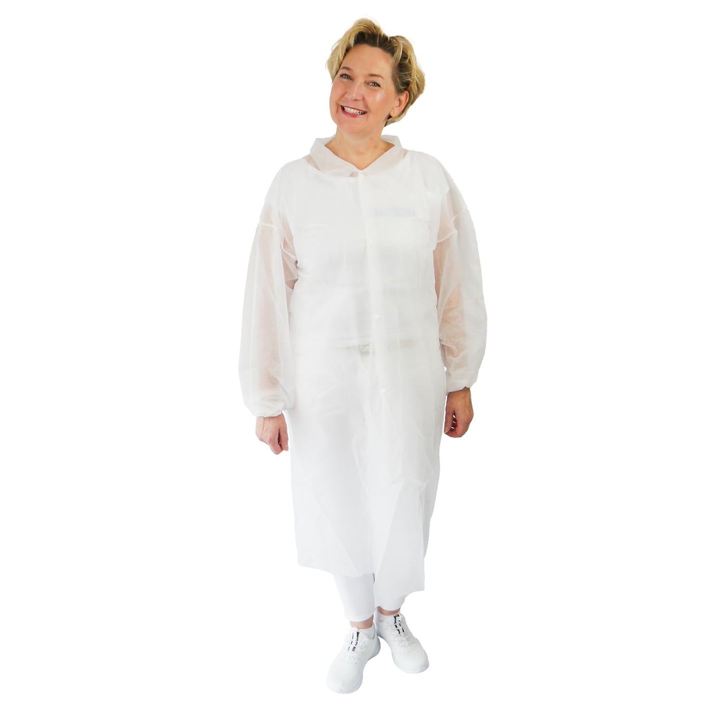 Premium 5-Pack XXL Disposable White Protective Gowns - Food Safe, Featuring 4 Snap Buttons, Lightweight 23G/M² Nonwoven Fabric, Ideal for Visitors and Temporary Use