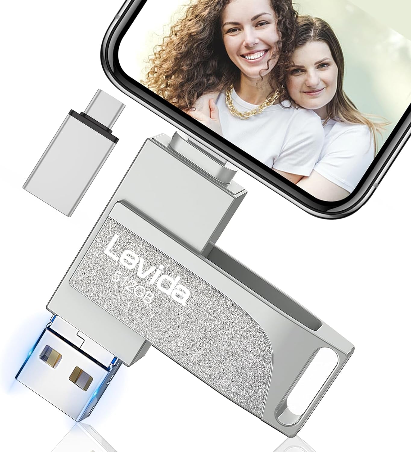 512GB 4-in-1 USB Flash Drive - Mobile Memory Stick for iOS, Android, Pad, Laptop, PC, Automatic Photo Backup, Sleek Silver Design