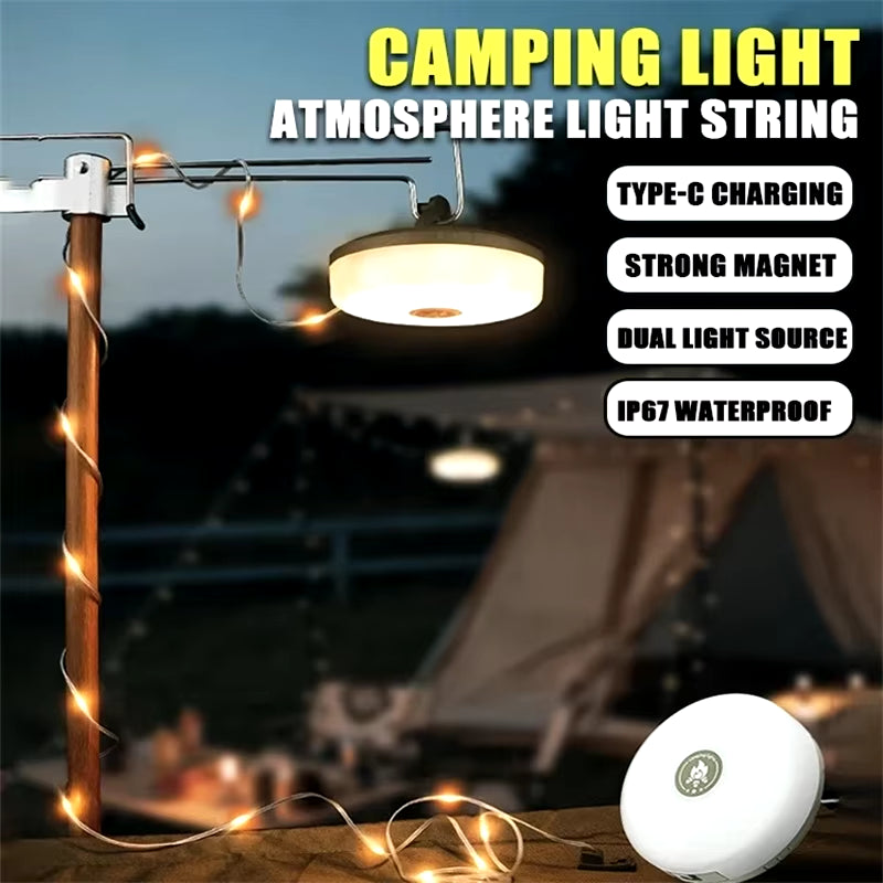 Solar Lights Outdoor Camping Light 10Meter String Light Outdoor Tent Light RGB Atmosphere Light LED Flashlight with Hook 