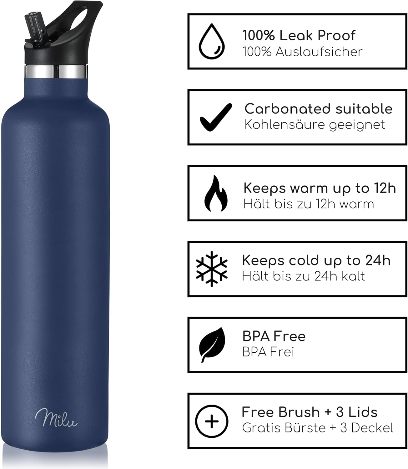 Milu Edelstahl Trinkflasche 350Ml 500Ml 750Ml 1000Ml (+3 Deckel) - Thermosflasche Mit Strohhalm, Isolierte Wasserflasche, Auslaufsichere Isolierflasche Doppelwandig, Kohlensäure Geeignet (Rot, 1000Ml)