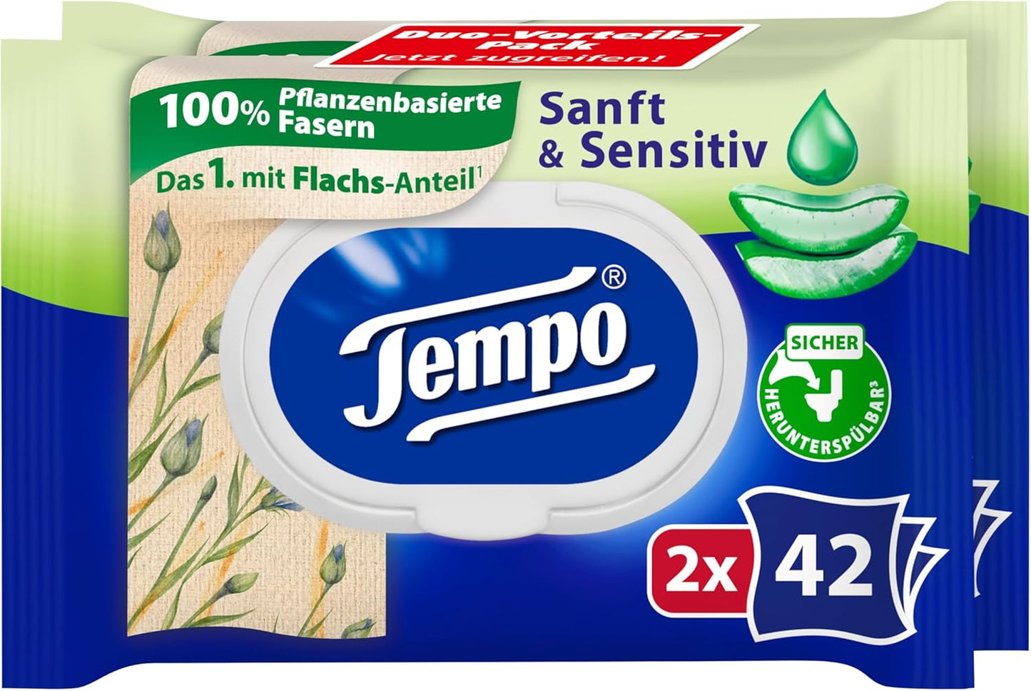 Tempo Feuchte Toilettentücher ''Sanft & Sensitiv'' - Megapack - 16 Packungen Mit Je 42 Tüchern - Duo Packs - Natürliche Aloe Vera - Toilettenpapier, Dermatologisch Getestet, Ph-Hautneutral