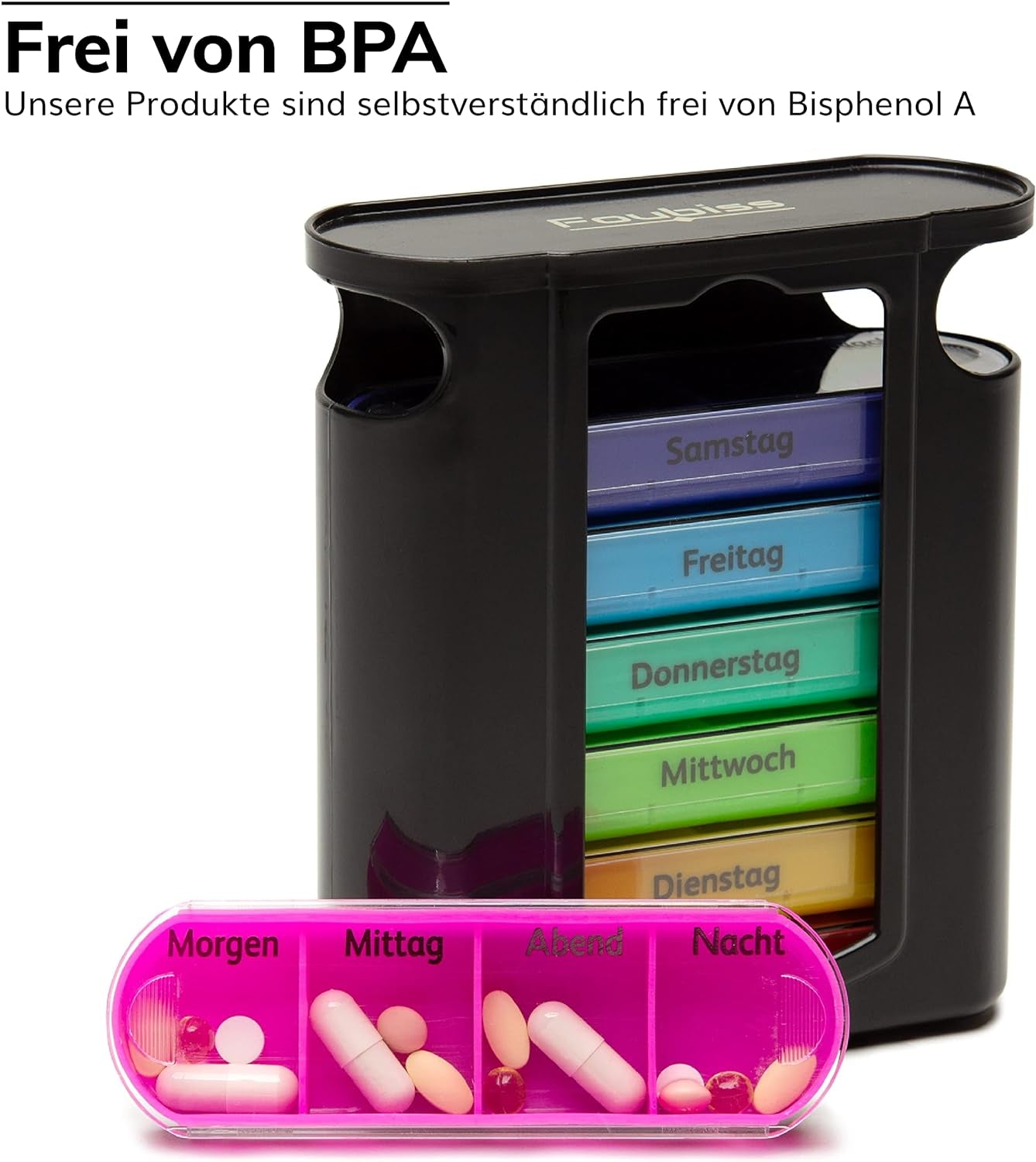 Foubiss Tablettenbox - BPA Frei - Medikamentenbox Mit 7 Tage 4 FΓ€cher - Pillendose Perfekt FΓΌr Unterwegs - Seniorenfreundliche Pillenbox - Tablettendose Morgens ,Mittags Oder Abends
