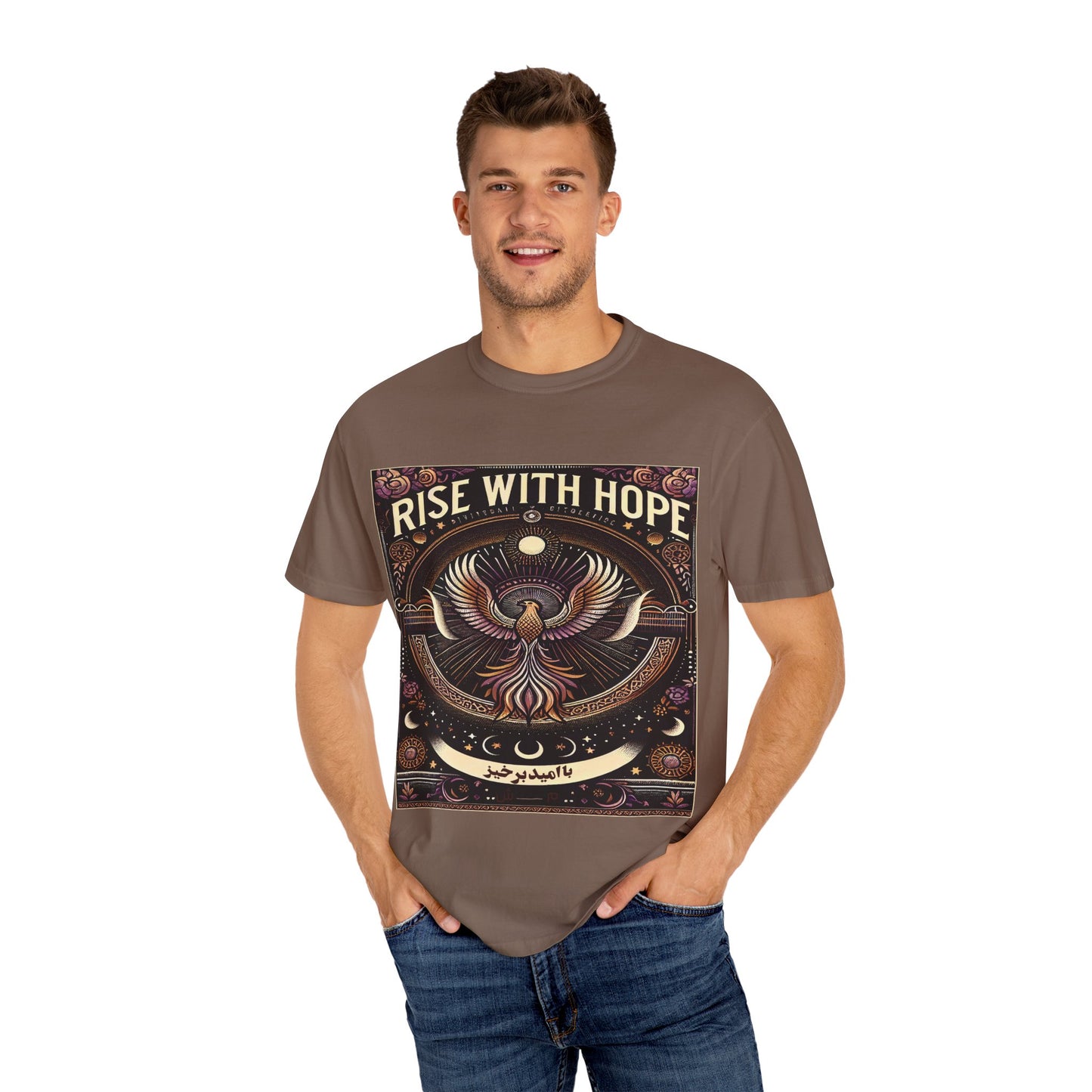 Rise with Hope | Persian English Phoenix Design | Bilingual Inspirational Art | Mystical Bird | Moon Phase Art | Spiritual T-shirt Design