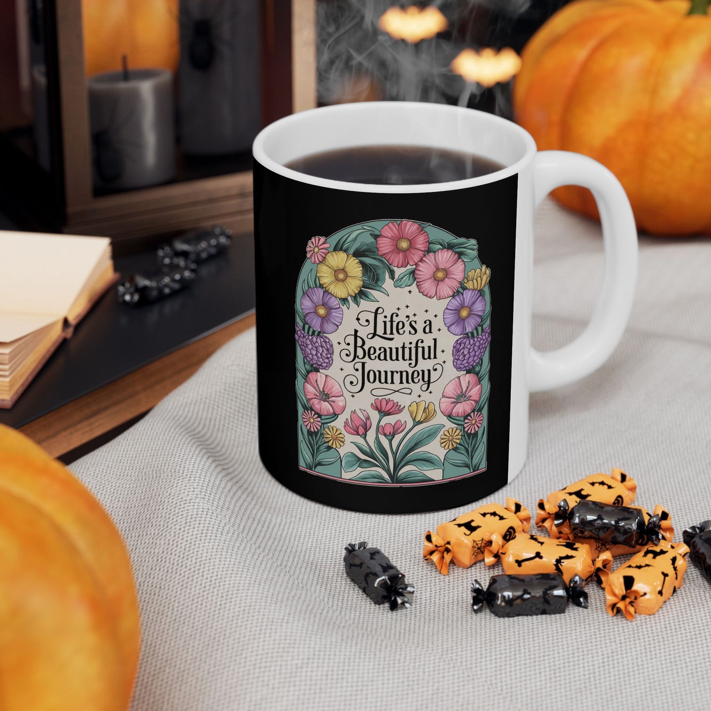 Life's a Beautiful Journey Mug | Floral Inspirational Cup | Vintage Botanical Design | Motivational Coffee Cup | Ceramic Mug, (11oz)
