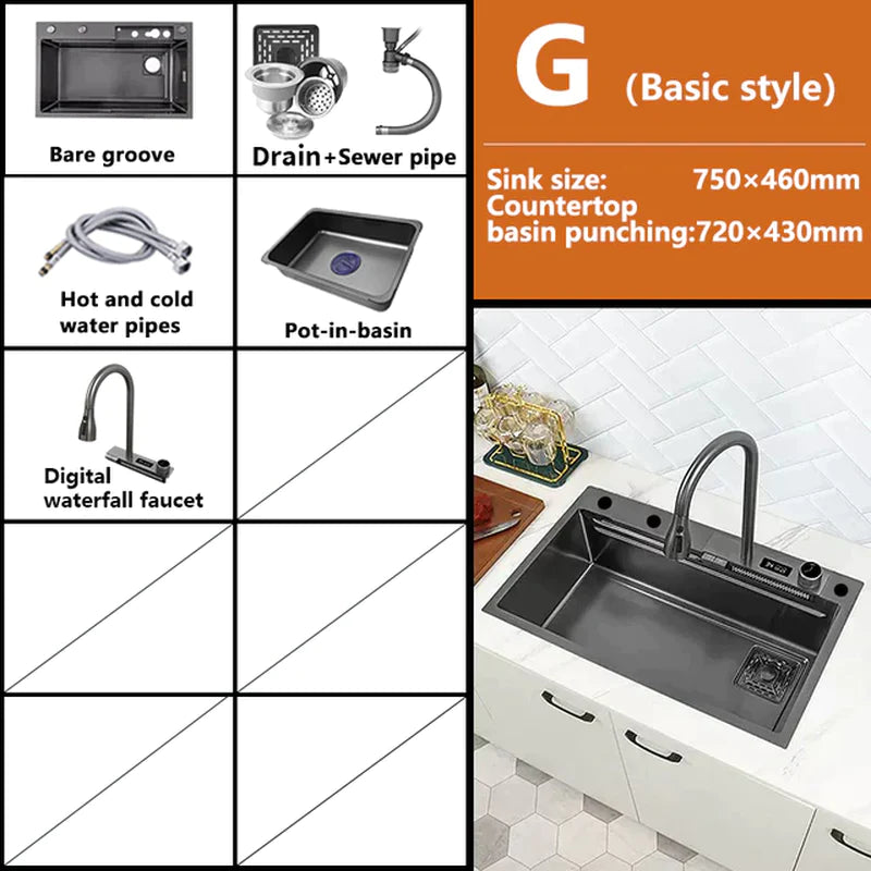 Waterfall Sink Kitchen Stainless Steel Topmount Sink Large Single Slot Wash Basin with Multifunction Touch Waterfall Faucet