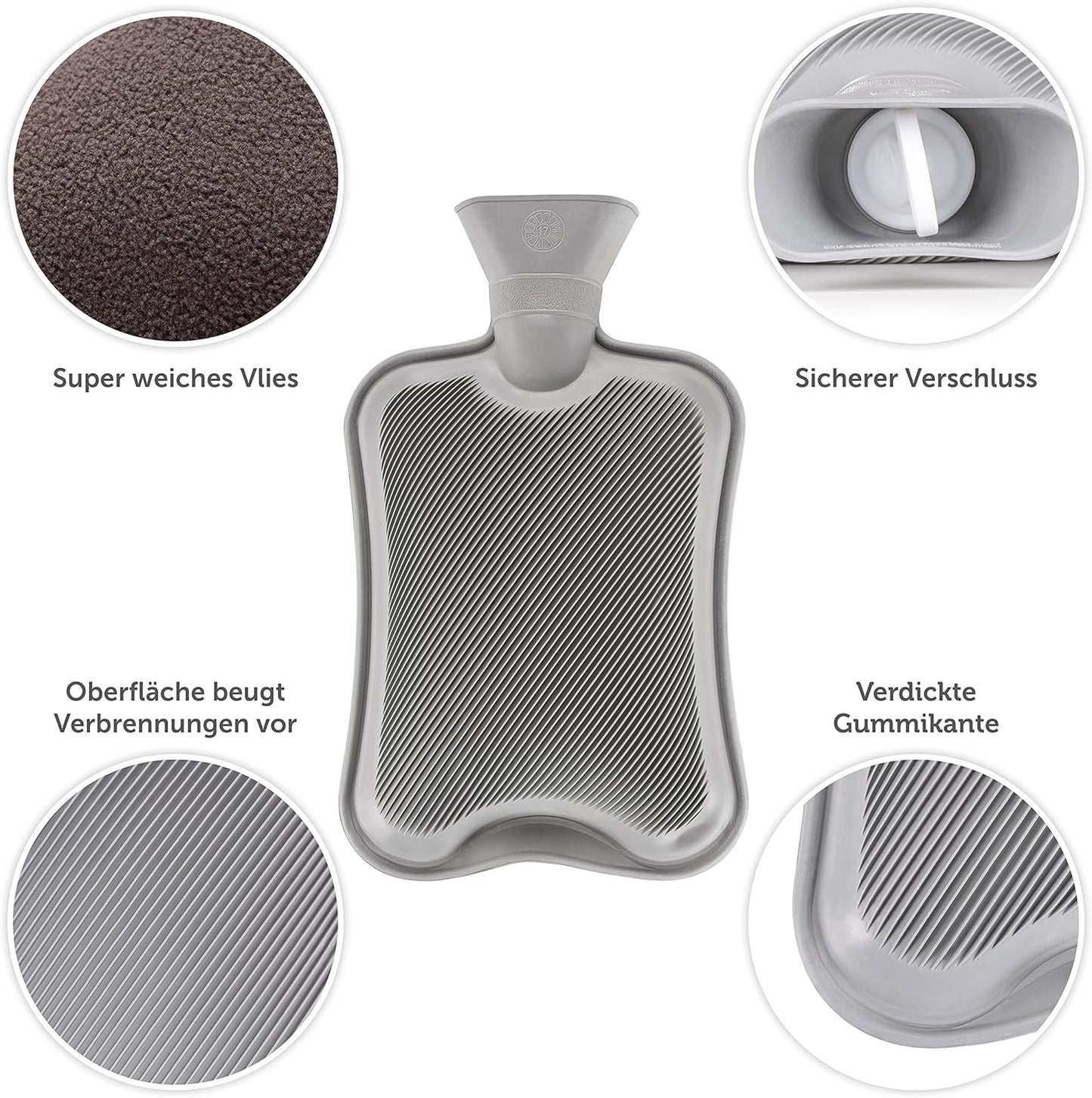 Blumtal Premium Wärmflasche Mit Bezug Aus Polar Fleece - Wärmeflasche Aus Naturkautschuk - Bettflasche Für Erwachsene - Hot Water Bag Luxus - Auslaufsichere Bettflasche - Weiche Bettflasche Grau
