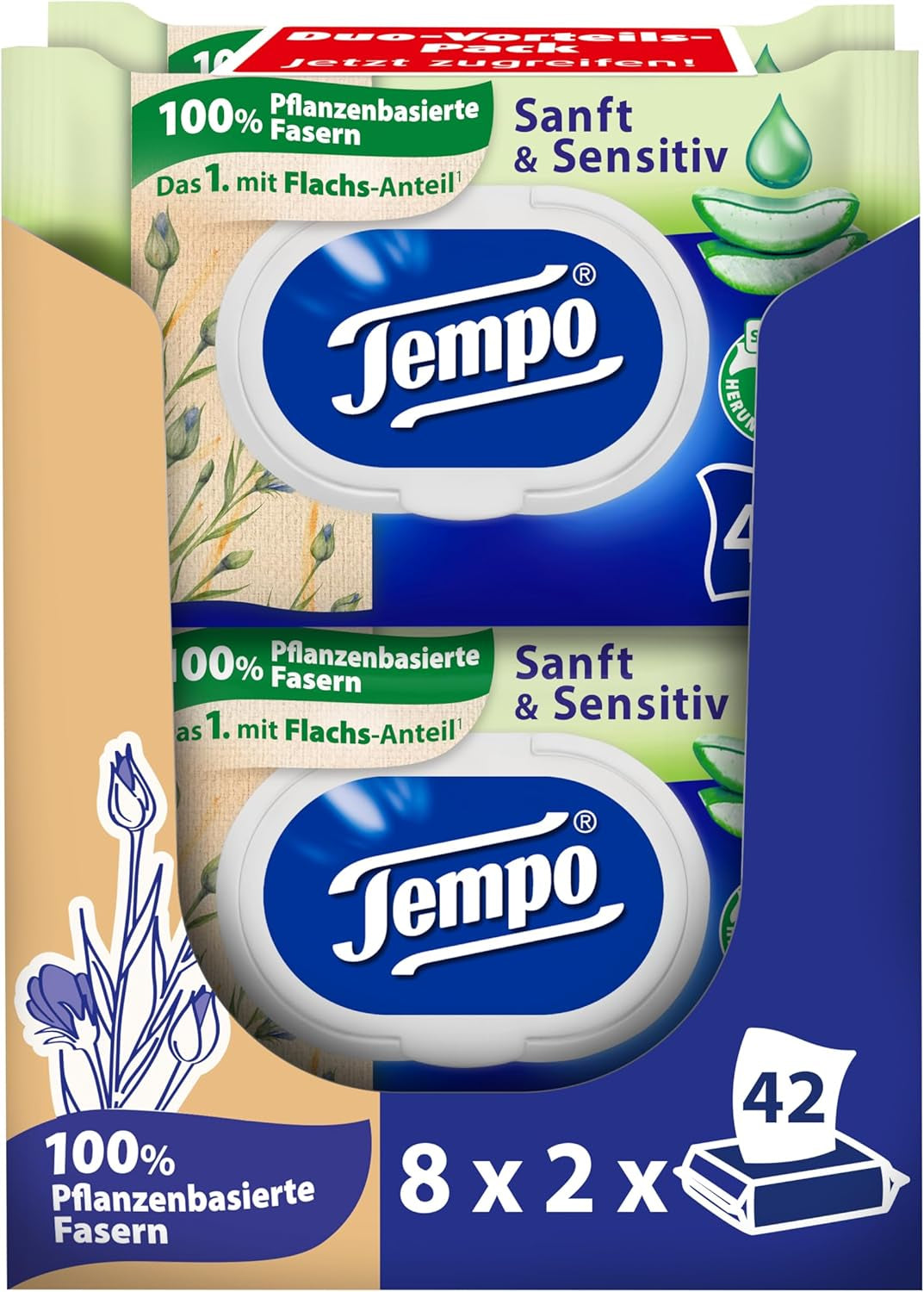 Tempo Feuchte Toilettentücher ''Sanft & Sensitiv'' - Megapack - 16 Packungen Mit Je 42 Tüchern - Duo Packs - Natürliche Aloe Vera - Toilettenpapier, Dermatologisch Getestet, Ph-Hautneutral