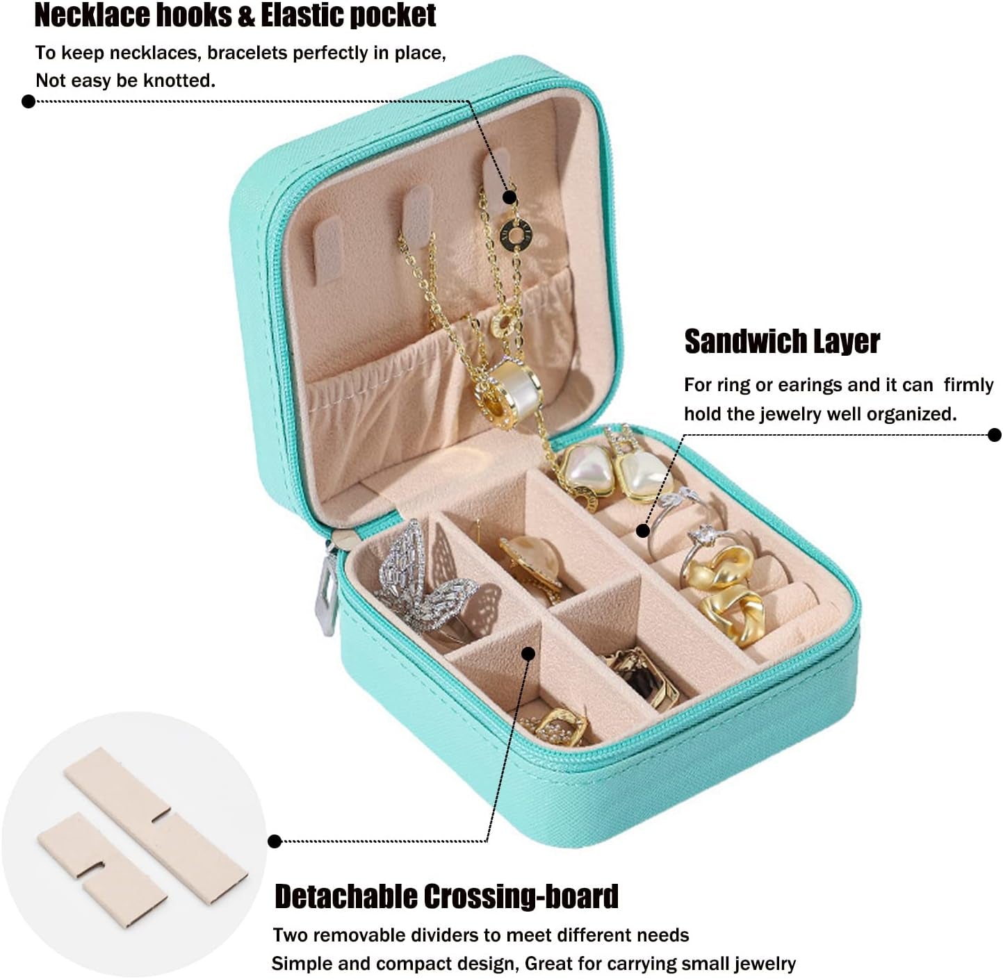 Mini Jewelry Travel Case, PU Leather Travel Jewelry Organizer Box, Small Portable Portable Jewellery Storage Holder for Womens Rings Earrings Necklaces Bracelets (Blue)