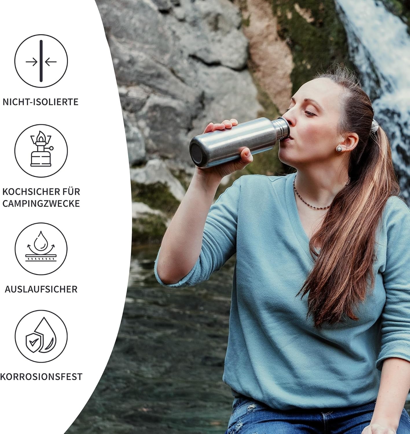 Bambaw Trinkflasche Edelstahl 500Ml, Nicht-Isolierte Trinkflasche Grün, Kinder Trinkflasche Edelstahl, Fahrradflasche Metall – Salbeigrün