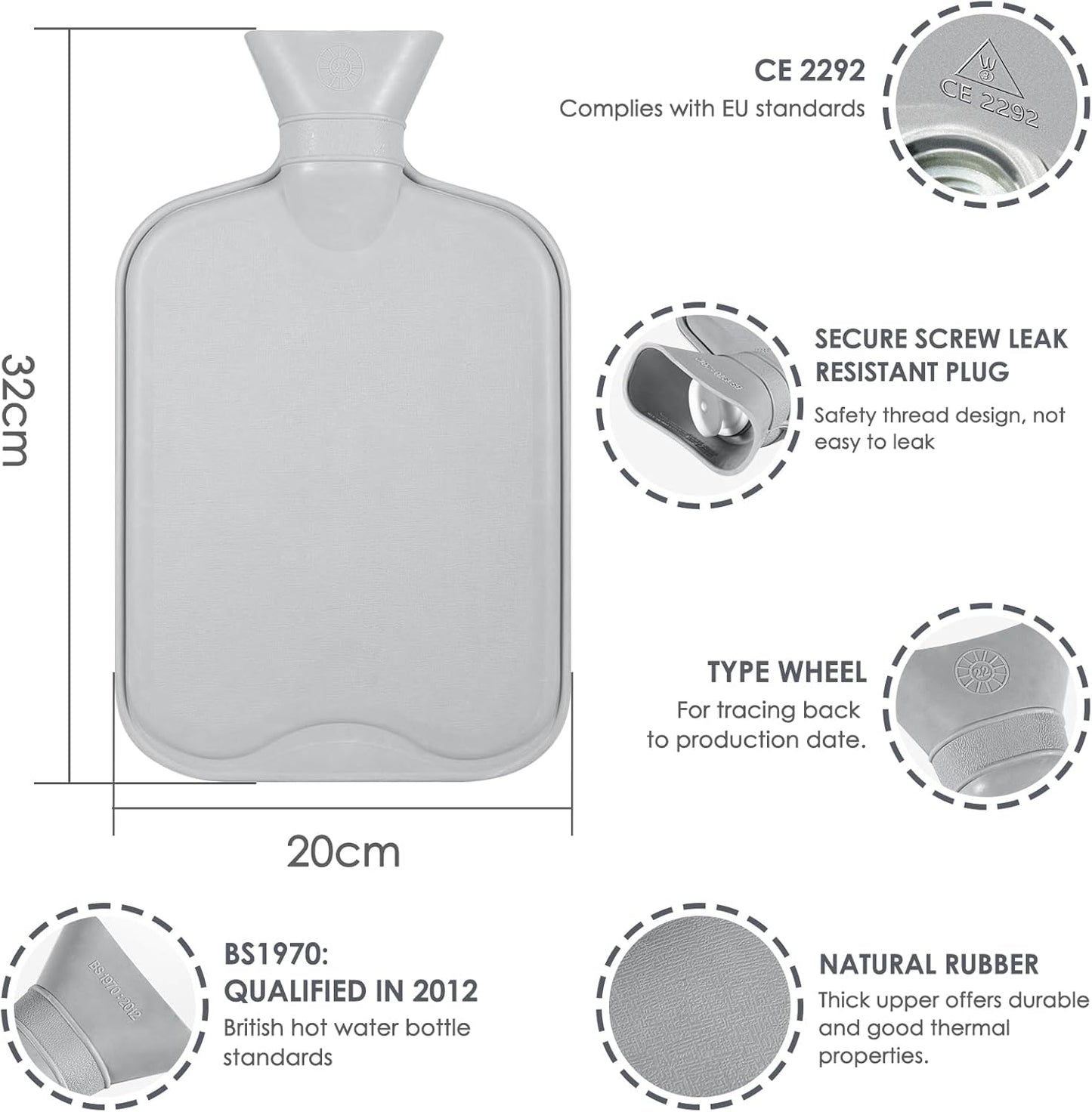 Bolei 2L Auslaufsichere Wärmflasche mit Flauschigem Bezug und Känguru-Tasche – Elegantes Grau aus Naturkautschuk für Maximum Komfort