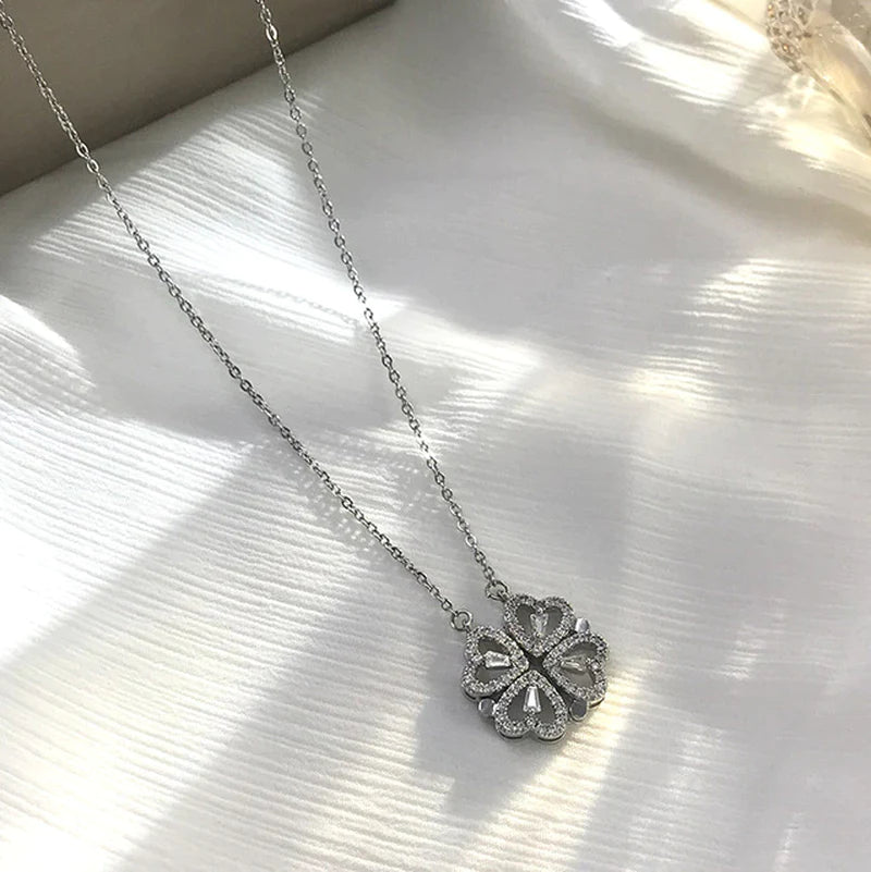 Creative Magnetic Folding Heart-Shaped Four-Leaf Clover Pendant Necklace Popular Jewelry Two Ways to Wear Unusual Party Gift