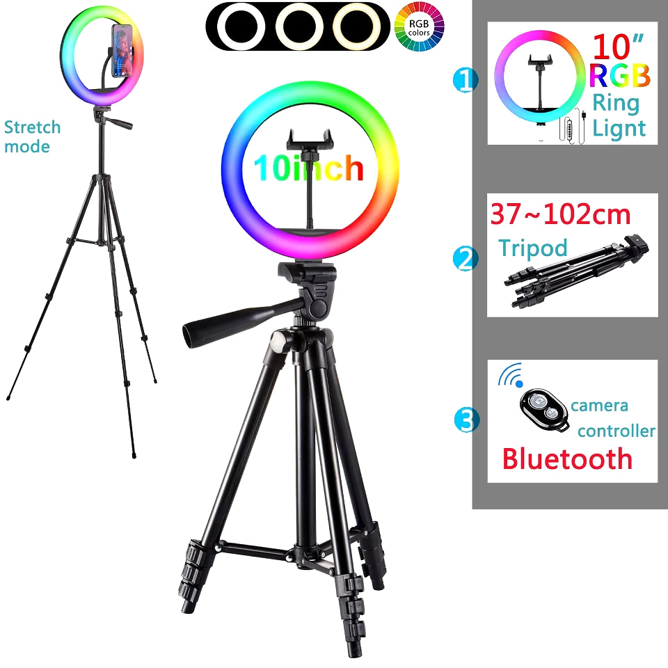 10In RGB Selfie Ring Light Tripod LED Fill Light Photography Ringlight Phone Stand Holder Circle Lamp Trepied Streaming Youtobe